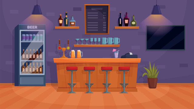 Bar interior design. Wooden pub desk with beer and glasses, cocktail, fridge for drinks and tv on wall. Evening free time place, sport watching, sapid vector scene