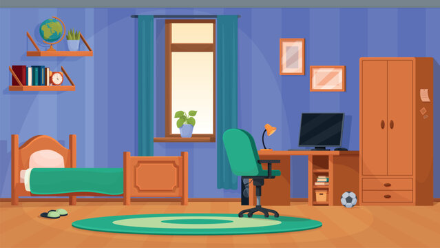 Teen boy bedroom interior. Teenager room with bed, computer zone for game and study, cabinet. Cartoon young boys zone for life and hobby, sapid vector scene