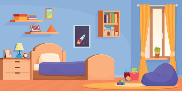 Child bedroom interior. Toddler room with toys, bed, books and space poster on wall. Boy zone in house or apartment, kid furniture, sapid vector scene