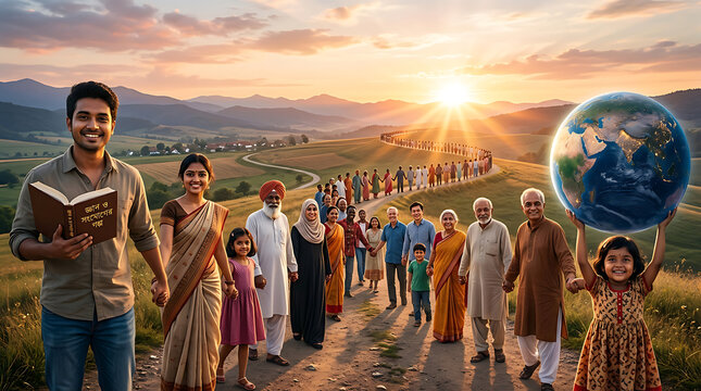 Multi-generational global community standing together during golden hour sunset