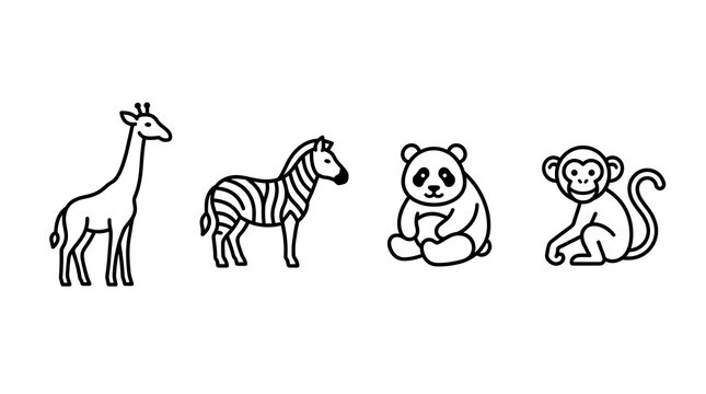 Set of cute cartoon animal icons including giraffe, zebra, panda and monkey in simple line drawing style on white.