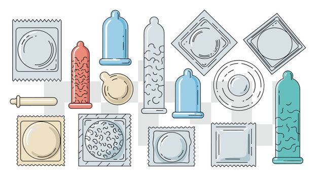 Educational set of various condoms and their packaging styles in different shapes and colors to promote safe sex and contraception.