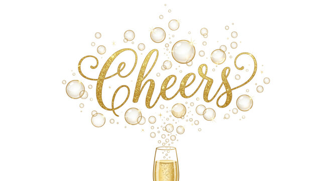 Golden Cheers Cursive Calligraphy Typography with Champagne Bubbles on Transparent Background Vector