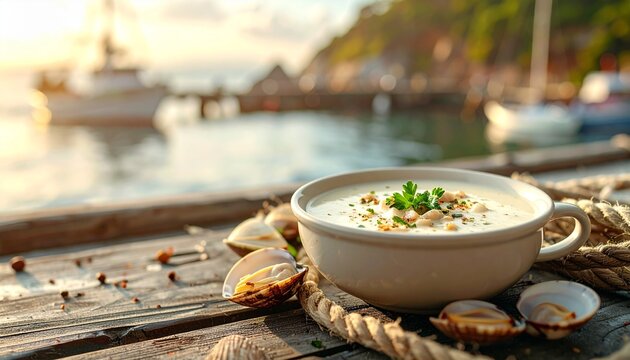 Traditional clam chowder served on a weathered wooden table near a fishing harbor, surrounded by fresh clams