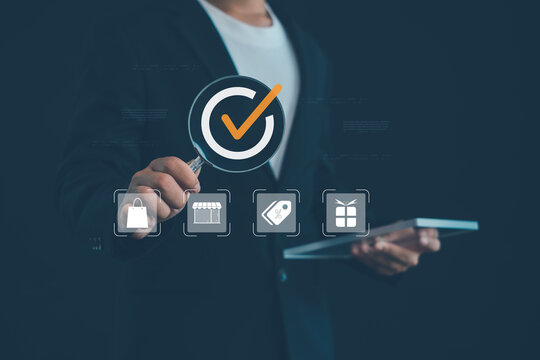 Business professional analyzing verified online shopping and digital marketplace quality assurance with ecommerce validation, secure transactions, customer trust, and retail approval concepts.