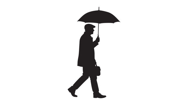 Walking man with umbrella black silhouette male