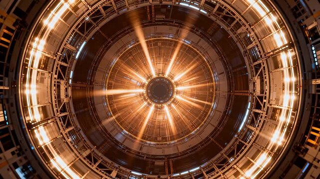 Large circular industrial facility interior with yellow radial lights and metal structures