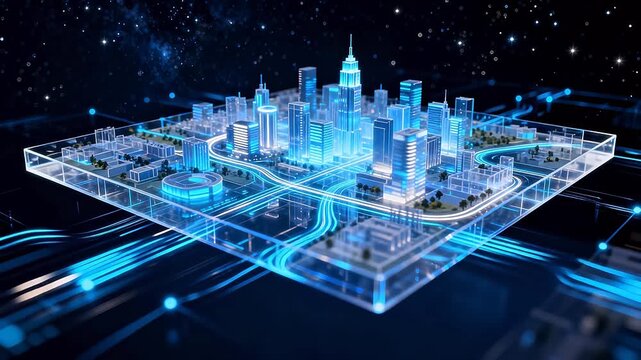 Digital smart city 3D model inside transparent cube with glowing skyscrapers