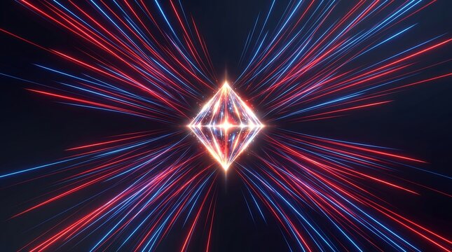 A radiant diamond shape in the center, with red and blue glowing lines converging to a point, set in a smooth, dark gradient background.