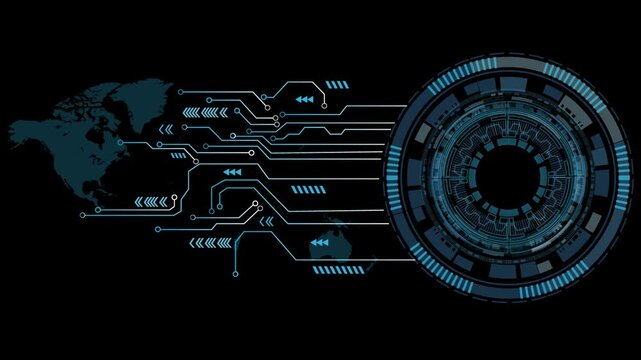 Abstract futuristic display HUD animation featuring a rotating digital circular interface with binary code and circuit board elements.