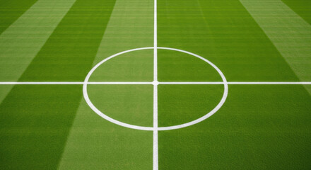 Obraz premium White football pitch center circle and halfway line markings on green field