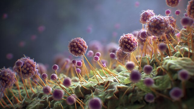 Microscopic 3D render of purple spherical spores on thin stalks growing from a green organic surface