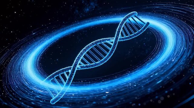 Blue DNA double helix with swirling light vortex and starry particles on black background