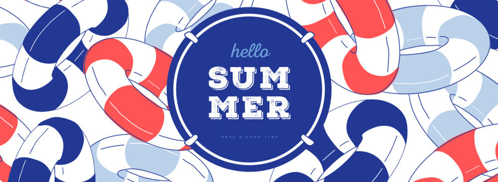 Hello summer poster or bunner with striped inflatable swim rings. Summer vacation background. Flat design. Vector illustration