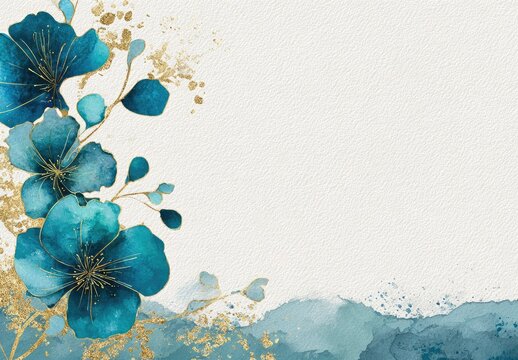 Watercolor floral design featuring turquoise blooms with golden accents on a textured white backdrop and abstract blue wash
