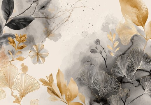 Watercolor floral design with botanical elements in soft muted tones. The art features leaves, blossoms and abstract paint splotches