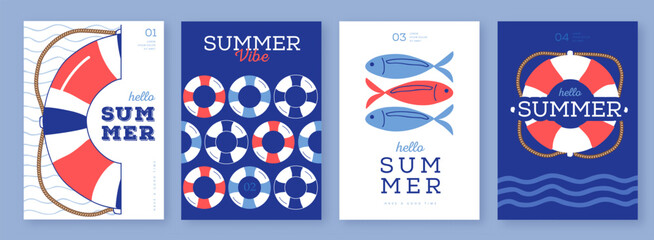 Set of summer striped sea vacation posters or covers with inflatable swim rings. Summer vibe backgrounds. Vector illustration © annbozhko
