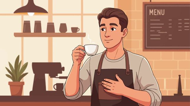 cartoon man holding coffee cup.