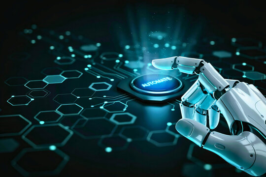 Robotic hand pressing Automate button on futuristic interface representing artificial intelligence automation and machine learning technology concept