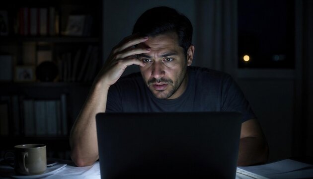 young man stressed while working on laptop