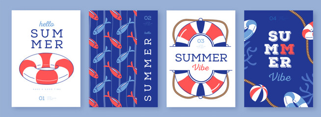 Plakat Set of summer striped sea vacation posters or covers with inflatable swim rings. Summer vibe backgrounds. Vector illustration