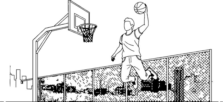 Young man performing a dynamic basketball dunk outdoors.
