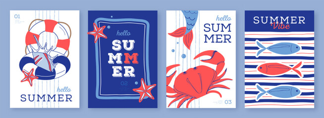 Plakat Set of summer striped sea vacation posters or covers with inflatable swim ring, crab, fish, marmaid and shell. Summer vibe backgrounds. Vector illustration