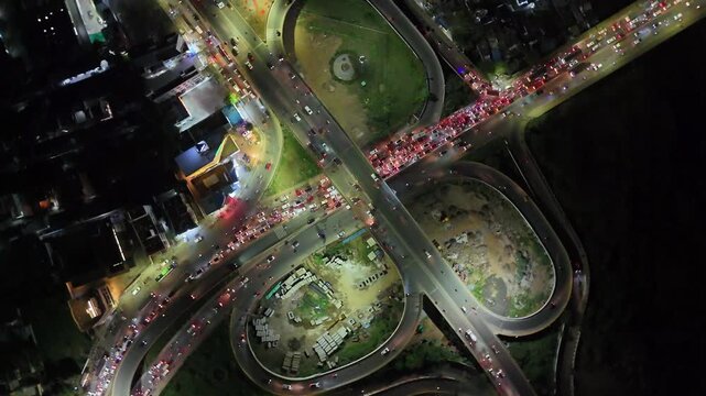 Aerial Night Shot of Anna Nagar Flyover and Traffic Chennai India