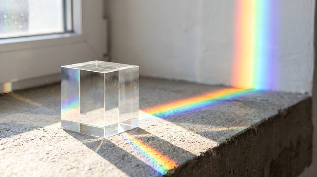 Clear Glass Cube Prism Creating Vibrant Rainbow Light Spectrum Reflections on a Sunny Windowsill
