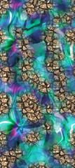 Fototapeta premium Seamless abstract stone wall pattern blended with vibrant teal and purple northern lights fluid waves