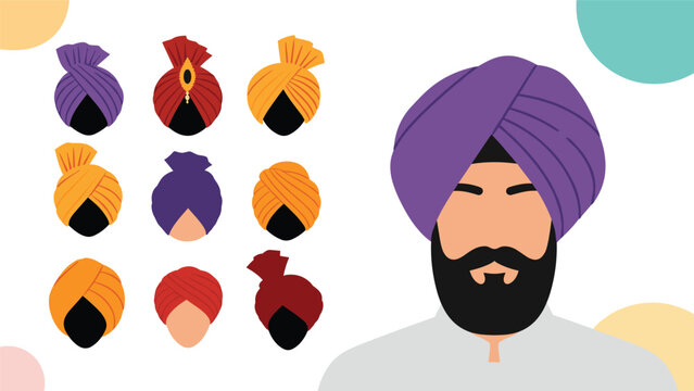 Traditional Sikh turbans in various colors are presented alongside a portrait of a bearded man wearing a purple headwrap.