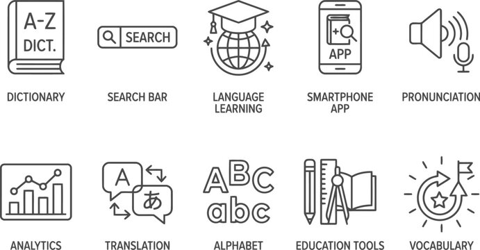 Language learning icons: dictionary, search, app, alphabet