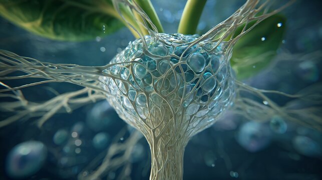 Close-up microscopic view of a plant root nodule structure containing blue water molecules and fibers