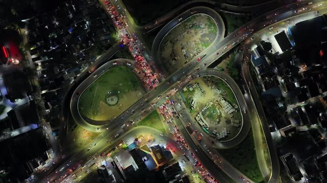 Aerial Night Shot of Anna Nagar Flyover and Traffic Chennai India