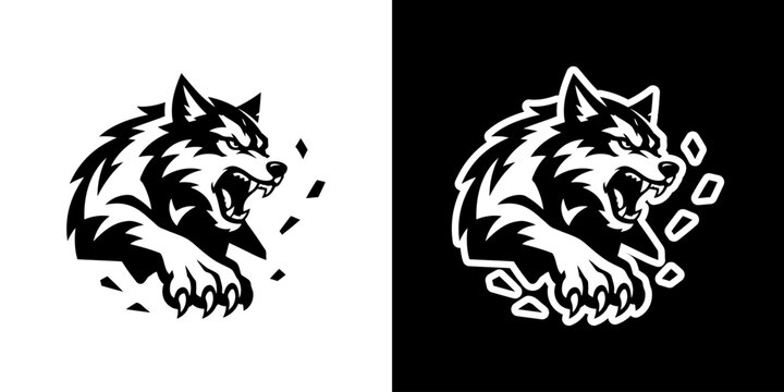 Angry Wolf Mascot Logo Vector - Aggressive Werewolf Head with Sharp Claws, Black and White Tribal Esports Silhouette Graphic on Isolated Background