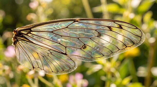 Detailed cicada wing with iridescent veins in soft golden hour sunlight with blurred floral background