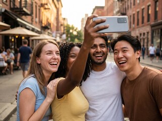 Obraz premium Diverse Young Friends Laughing and Taking Group Selfie on City Street - Best Friends Day - Correct Phone Orientation