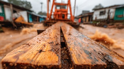 Fototapeta premium High Water Stranding: Floodwater Surrounds Makeshift Bridge in Community