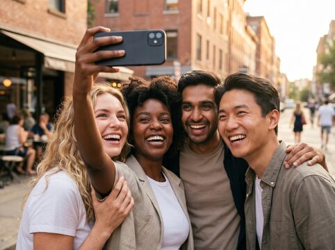 Diverse Young Friends Laughing and Taking Group Selfie on City Street - Best Friends Day - Correct Phone Orientation