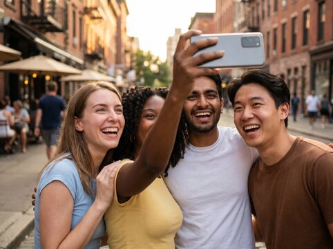 Diverse Young Friends Laughing and Taking Group Selfie on City Street - Best Friends Day - Correct Phone Orientation
