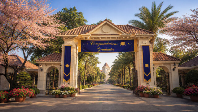 An elegant Asian university main gate decorated with graduation banners and potted flowers for ceremony day.