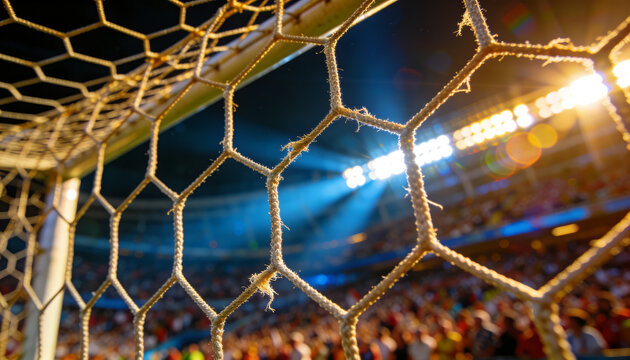 Goal Net Close-up: A detailed view of a soccer goal net, with the stadium lights illuminating the background and blurred spectators, conveying the excitement of a match.