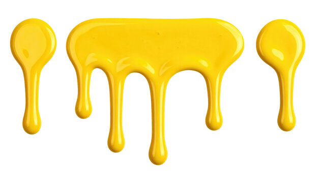 Glossy yellow paint drips from an oblong shape with two droplet-like structures, with a stark black backdrop