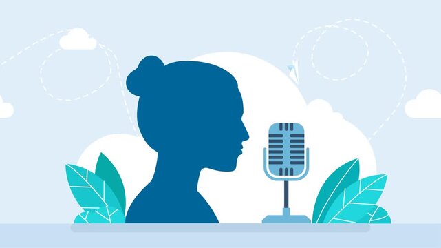 Girl silhouette with microphone. Broadcast, broadcasting. Customer service agent. Female support operator silhouette. Silhouette of woman singer singing to microphone. Side view. 2d flat animation