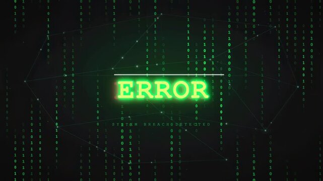 Digital System Error Message with Green Binary Code Rain and Futuristic Network Background