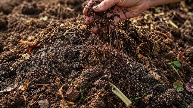 Healthy compost soil being sifted by hand promoting responsible farming and sustainable garden care with rich organic texture and earthy tones