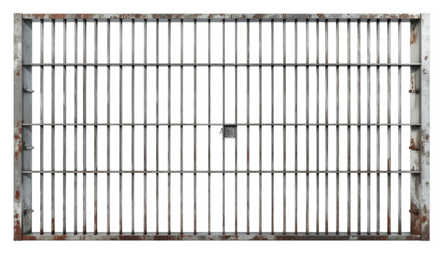 A rusty rectangular metal grate, comprised of vertical bars and horizontal supports, sits against a dark background, showing wear and corrosion
