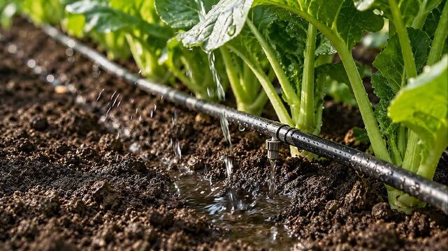 Responsible farming drip irrigation watering vegetable seedlings and young plant soil moist nourishing seedling growth with gentle sprinkler water