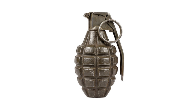 Vintage military hand grenade on white background, antique fragmentation explosive weapon, olive drab metal pineapple grenade with safety pin