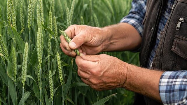 Experienced farmer hands inspect green wheat ear field promoting responsible farming, sustainable agriculture crop care and healthy grain development